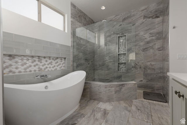 3318 S Red Rock Way, Hurricane, UT 84737 - full bath featuring tile walls, vanity, a soaking tub, and walk in shower
