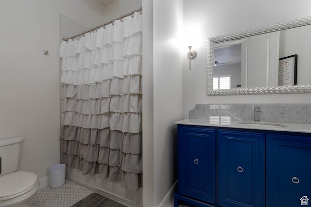 3318 S Red Rock Way, Hurricane, UT 84737 - bathroom featuring toilet, ceiling fan, vanity, and tile patterned flooring