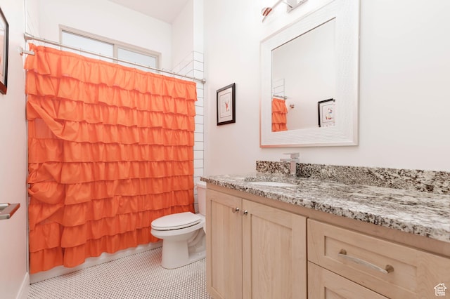 3318 S Red Rock Way, Hurricane, UT 84737 - bathroom featuring toilet, tile patterned floors, a shower with shower curtain, and vanity