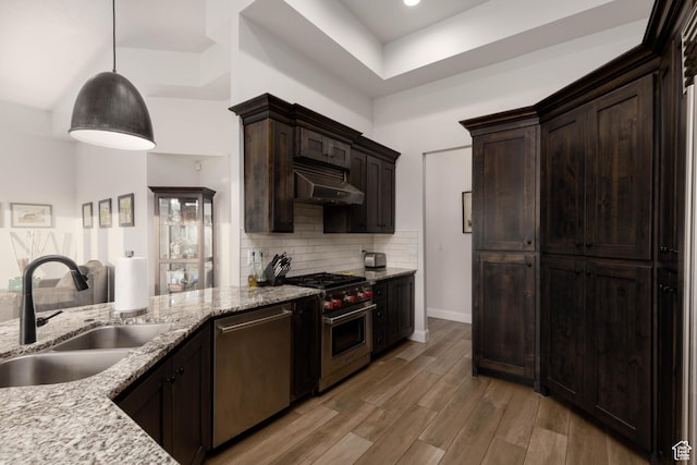 3318 S Red Rock Way, Hurricane, UT 84737 - kitchen with dark brown cabinetry, backsplash, a sink, under cabinet range hood, and stainless steel appliances