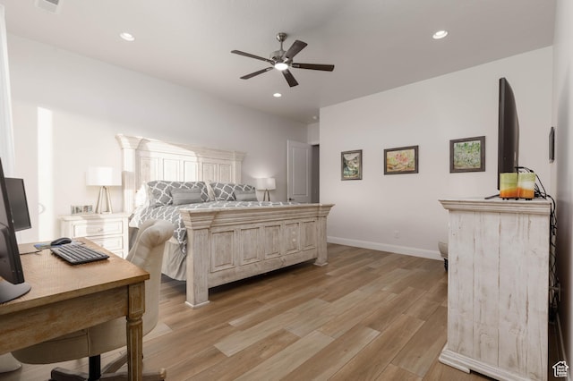 3318 S Red Rock Way, Hurricane, UT 84737 - bedroom featuring a ceiling fan, baseboards, visible vents, light wood-style floors, and recessed lighting