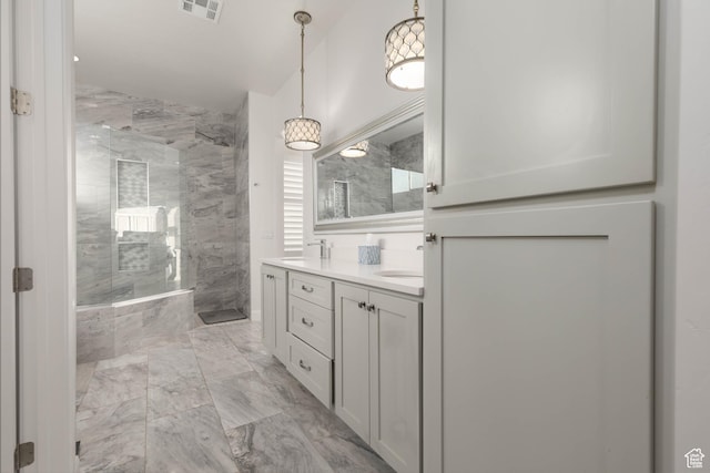 3318 S Red Rock Way, Hurricane, UT 84737 - bathroom with marble finish floor, a sink, a shower with shower door, visible vents, and double vanity