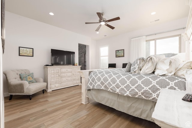3318 S Red Rock Way, Hurricane, UT 84737 - bedroom with light wood finished floors, visible vents, ceiling fan, and recessed lighting