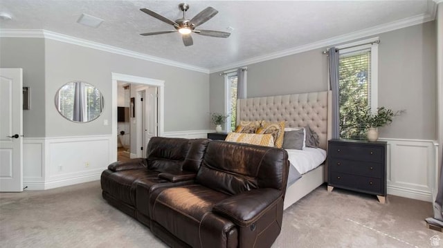 643 W Ridgewood Cir, Farmington, UT 84025 - bedroom featuring a wainscoted wall, light colored carpet, ceiling fan, and ornamental molding
