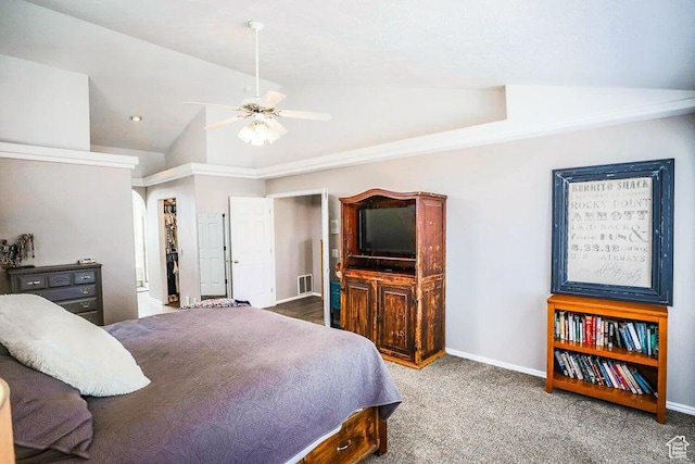 bedroom with carpet flooring, ceiling fan, baseboards, lofted ceiling, and visible vents