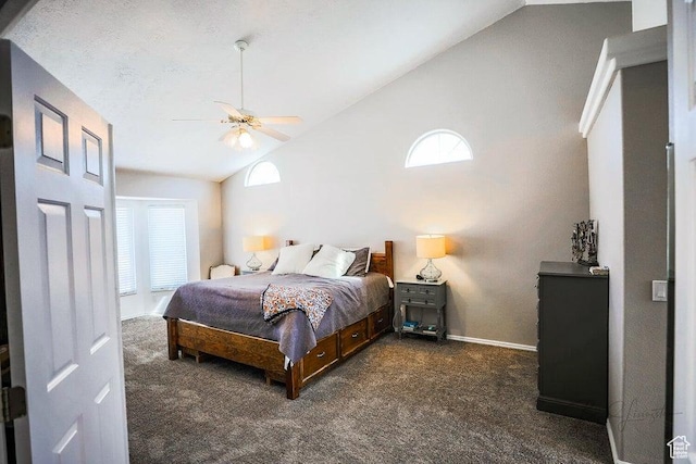 bedroom with dark carpet, baseboards, ceiling fan, and high vaulted ceiling
