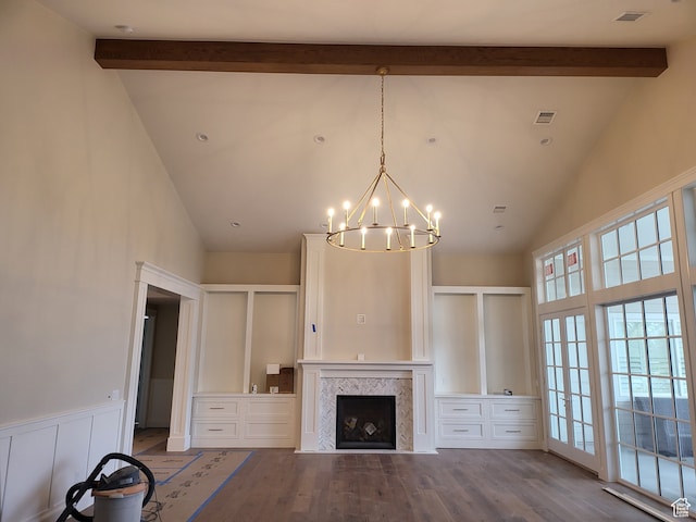 2580 E 279 S, Spanish Fork, UT 84660 - unfurnished living room featuring beam ceiling, high vaulted ceiling, a tile fireplace, a notable chandelier, and hardwood / wood-style floors