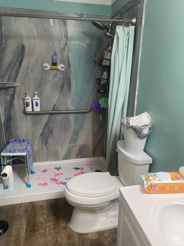 4310 S 2675 W, Roy, UT 84067 - bathroom with a shower with curtain, hardwood / wood-style flooring, vanity, and toilet