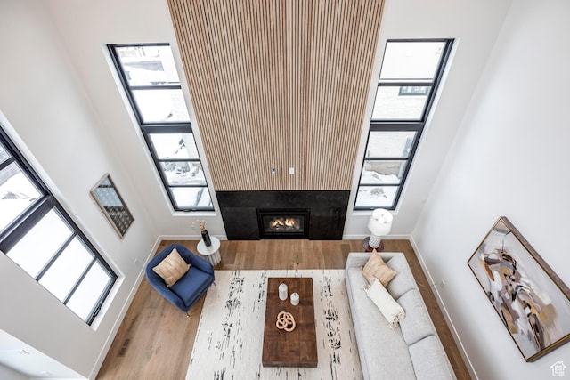 656 N E Capitol St, Salt Lake City, UT 84103 - living room with a towering ceiling, wood finished floors, a glass covered fireplace, and plenty of natural light