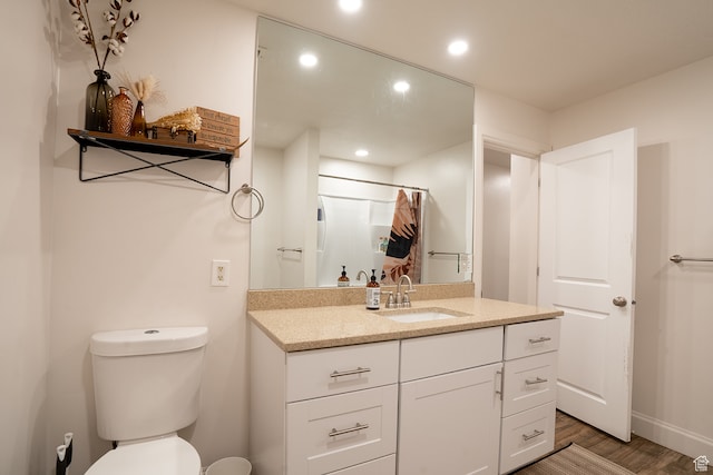 bathroom featuring wood-type flooring, vanity, toilet, and a shower with shower curtain