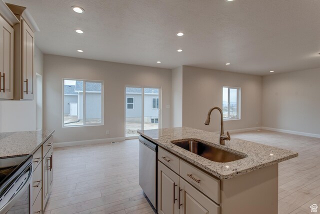 1641 S Windsong Dr Unit 371, Santaquin, UT 84655 - kitchen featuring a sink, appliances with stainless steel finishes, open floor plan, light wood finished floors, and recessed lighting