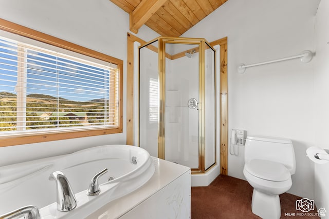 4245 S Artifact Dr, Cedar City, UT 84720 - bathroom with toilet, shower with separate bathtub, lofted ceiling with beams, and wooden ceiling