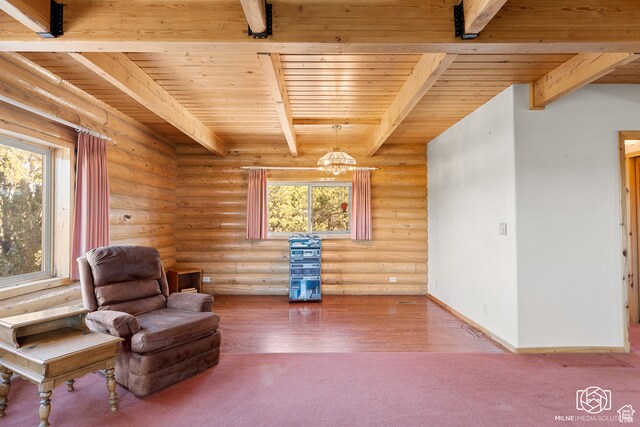 4245 S Artifact Dr, Cedar City, UT 84720 - living area with wood ceiling, beamed ceiling, wood-type flooring, log walls, and a chandelier
