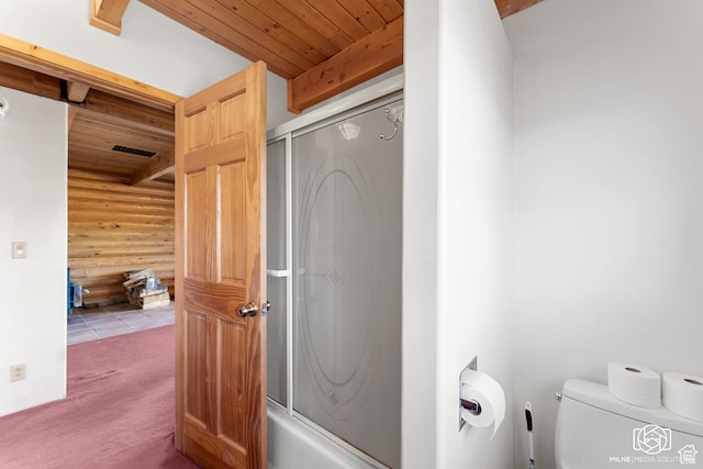 4245 S Artifact Dr, Cedar City, UT 84720 - bathroom featuring wood ceiling, beam ceiling, combined bath / shower with glass door, toilet, and rustic walls