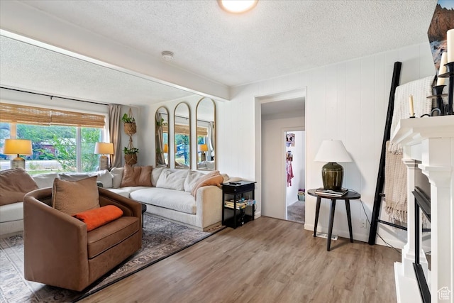 living room with light hardwood / wood-style flooring and a textured ceiling