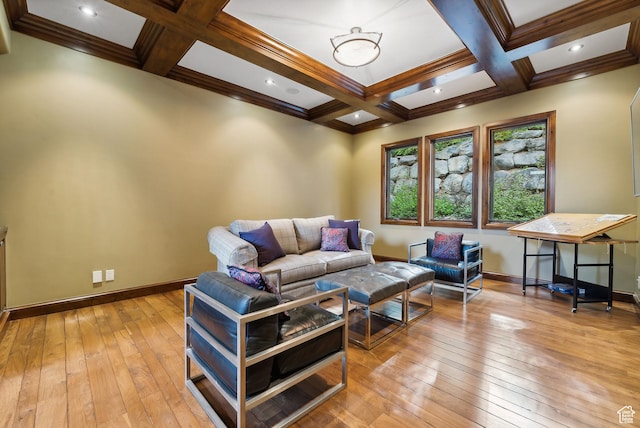 3608 Sun Ridge Dr, Park City, UT 84060 - living area featuring beam ceiling, coffered ceiling, light wood-style flooring, and baseboards