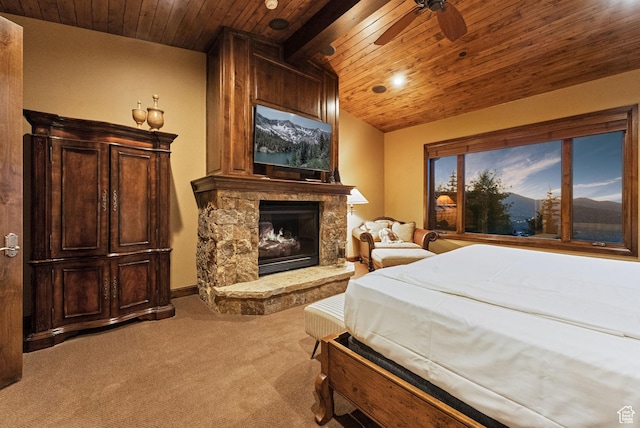 3608 Sun Ridge Dr, Park City, UT 84060 - carpeted bedroom featuring baseboards, wooden ceiling, vaulted ceiling with beams, and a fireplace