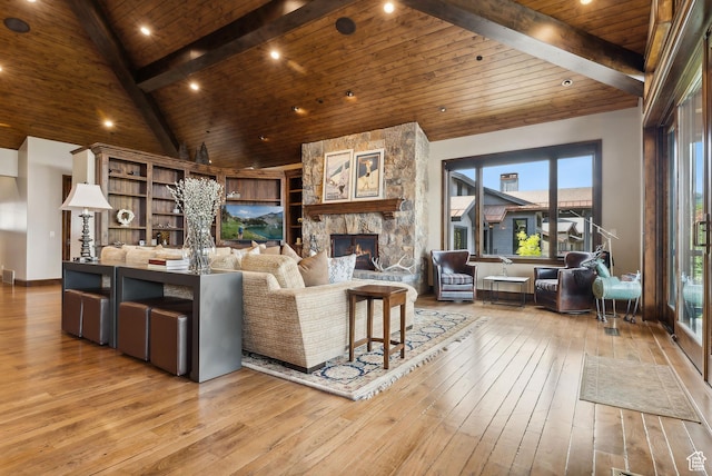 3608 Sun Ridge Dr, Park City, UT 84060 - living area with hardwood / wood-style flooring, a healthy amount of sunlight, a stone fireplace, and wood ceiling