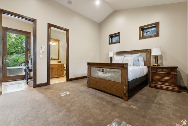 3608 Sun Ridge Dr, Park City, UT 84060 - carpeted bedroom featuring baseboards, access to exterior, ensuite bath, and vaulted ceiling