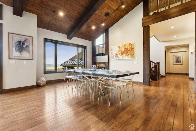 3608 Sun Ridge Dr, Park City, UT 84060 - dining space featuring wooden ceiling, beam ceiling, high vaulted ceiling, baseboards, and hardwood / wood-style flooring