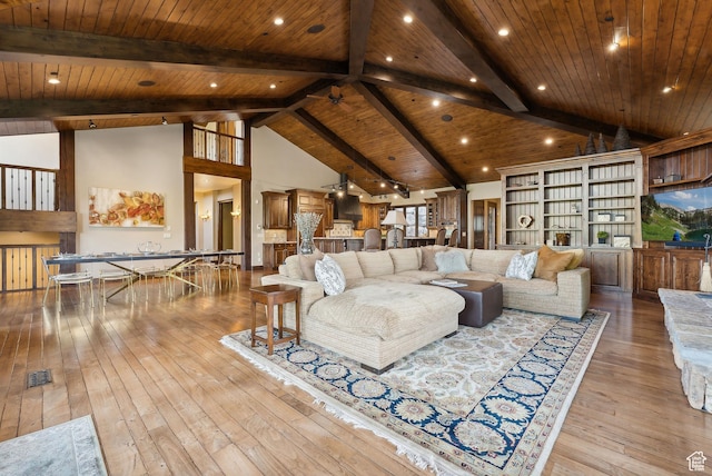 3608 Sun Ridge Dr, Park City, UT 84060 - living room featuring high vaulted ceiling, hardwood / wood-style flooring, beamed ceiling, and wood ceiling