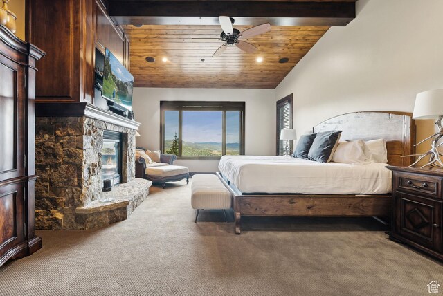 3608 Sun Ridge Dr, Park City, UT 84060 - carpeted bedroom featuring wooden ceiling, a ceiling fan, a stone fireplace, and vaulted ceiling