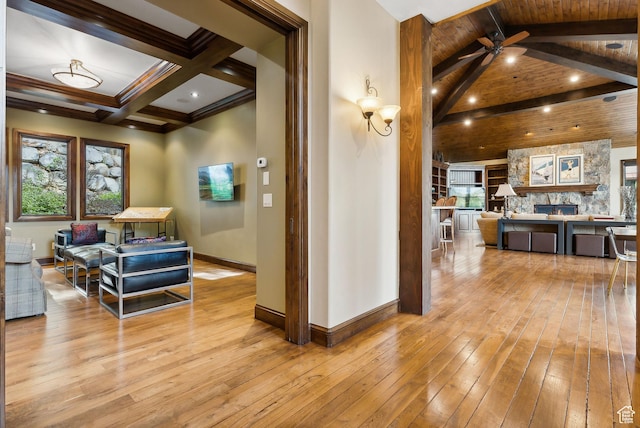 3608 Sun Ridge Dr, Park City, UT 84060 - hall featuring beam ceiling, hardwood / wood-style flooring, and baseboards