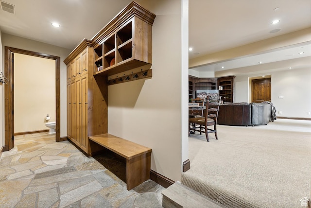 3608 Sun Ridge Dr, Park City, UT 84060 - mudroom featuring visible vents, recessed lighting, light carpet, and baseboards