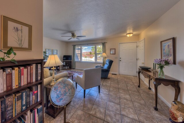 1122 E Holyoak Ln, Moab, UT 84532 - living room with a ceiling fan, a textured ceiling, and baseboards