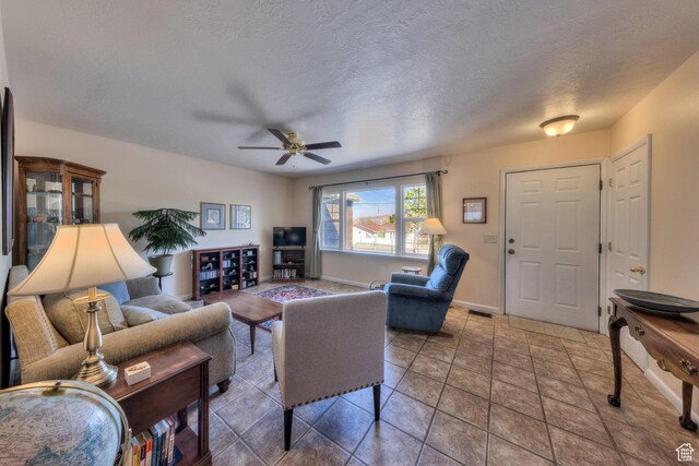 1122 E Holyoak Ln, Moab, UT 84532 - living area with visible vents, a ceiling fan, baseboards, and a textured ceiling