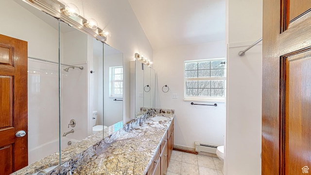 410 S Woodland Hills Dr, Woodland Hills, UT 84653 - full bathroom with vanity, vaulted ceiling, toilet, shower / tub combination, and baseboard heating