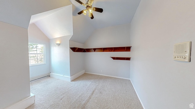 410 S Woodland Hills Dr, Woodland Hills, UT 84653 - bonus room featuring vaulted ceiling, carpet, baseboards, ceiling fan, and a baseboard radiator