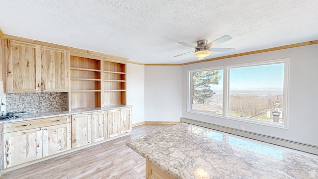 410 S Woodland Hills Dr, Woodland Hills, UT 84653 - interior space with light wood-type flooring, ornamental molding, a textured ceiling, ceiling fan, and baseboard heating