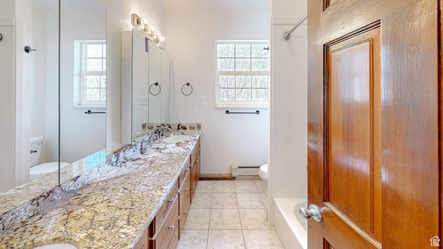 410 S Woodland Hills Dr, Woodland Hills, UT 84653 - bathroom featuring toilet, vanity, baseboard heating, tile patterned flooring, and baseboards
