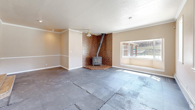 410 S Woodland Hills Dr, Woodland Hills, UT 84653 - unfurnished living room with baseboards, baseboard heating, a wood stove, and ornamental molding