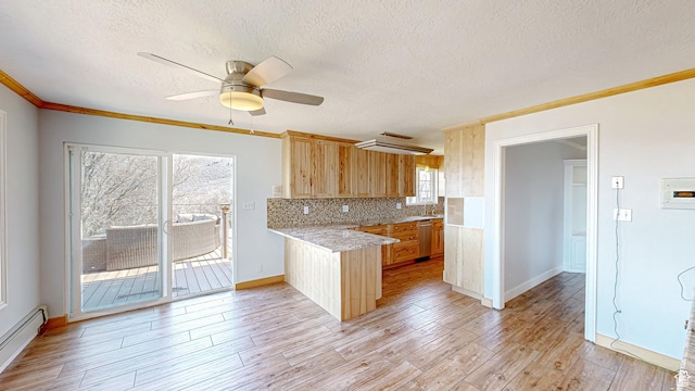 410 S Woodland Hills Dr, Woodland Hills, UT 84653 - kitchen with light wood finished floors, tasteful backsplash, dishwasher, a peninsula, and baseboard heating