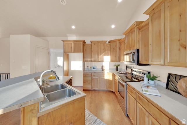 1052 S 350 E, Payson, UT 84651 - kitchen featuring light brown cabinetry, stainless steel appliances, a sink, a kitchen island with sink, and recessed lighting
