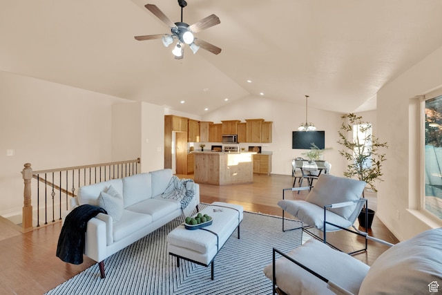 1052 S 350 E, Payson, UT 84651 - living area with lofted ceiling, light wood-style flooring, ceiling fan, and recessed lighting