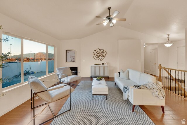 1052 S 350 E, Payson, UT 84651 - living room with ceiling fan, lofted ceiling, wood finished floors, and baseboards