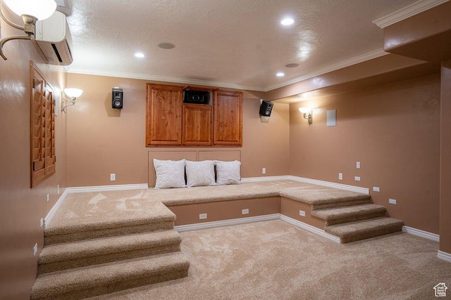 home theater room featuring carpet flooring, ornamental molding, a textured ceiling, and recessed lighting