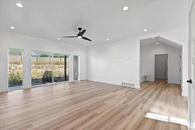 unfurnished living room with light wood finished floors, visible vents, ceiling fan, and recessed lighting