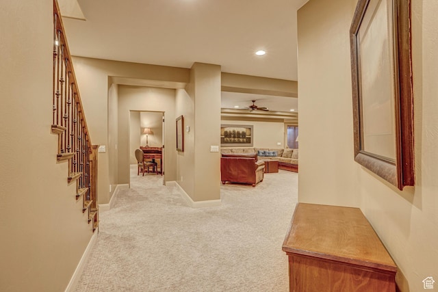 4985 W Boulder Vw, Hurricane, UT 84737 - hall featuring light colored carpet, recessed lighting, baseboards, and stairway