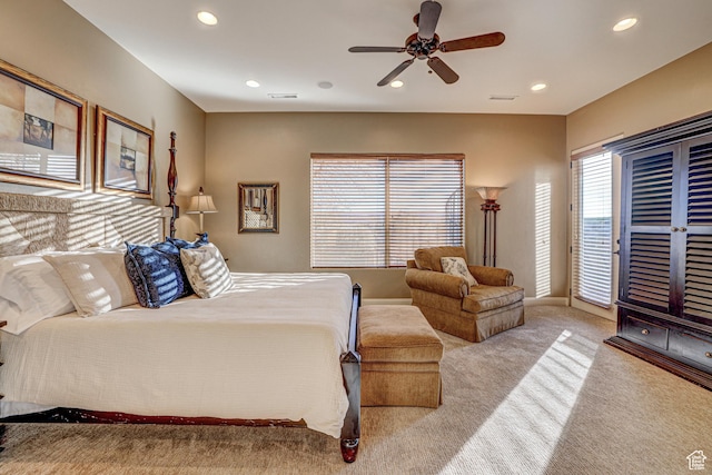 4985 W Boulder Vw, Hurricane, UT 84737 - bedroom with carpet floors, a ceiling fan, access to outside, visible vents, and recessed lighting