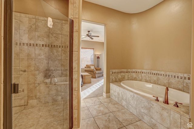 4985 W Boulder Vw, Hurricane, UT 84737 - full bath featuring a shower stall, ceiling fan, tile patterned flooring, and a garden tub