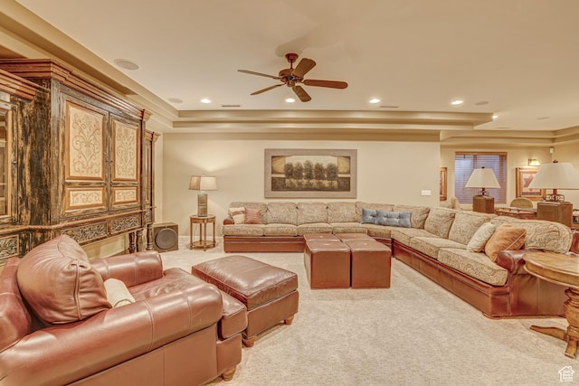 4985 W Boulder Vw, Hurricane, UT 84737 - living room featuring light carpet, visible vents, ceiling fan, and recessed lighting