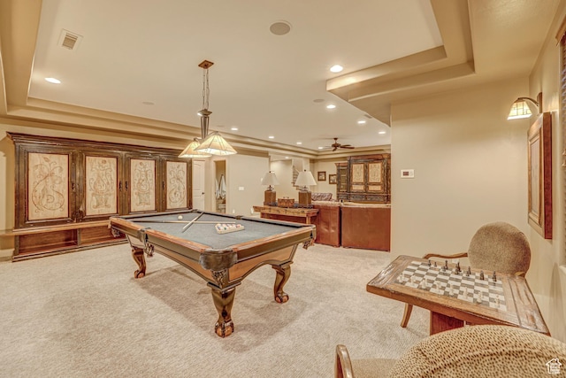 4985 W Boulder Vw, Hurricane, UT 84737 - playroom featuring a tray ceiling, light colored carpet, recessed lighting, visible vents, and a ceiling fan