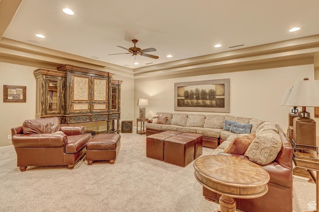 4985 W Boulder Vw, Hurricane, UT 84737 - living room with light colored carpet, a raised ceiling, recessed lighting, and a ceiling fan