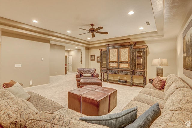 4985 W Boulder Vw, Hurricane, UT 84737 - living room featuring a tray ceiling, light carpet, ceiling fan, and recessed lighting