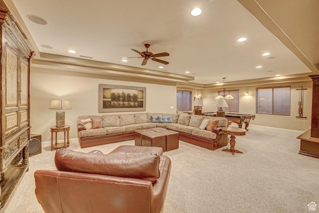 4985 W Boulder Vw, Hurricane, UT 84737 - living area featuring a raised ceiling, recessed lighting, light colored carpet, and ceiling fan