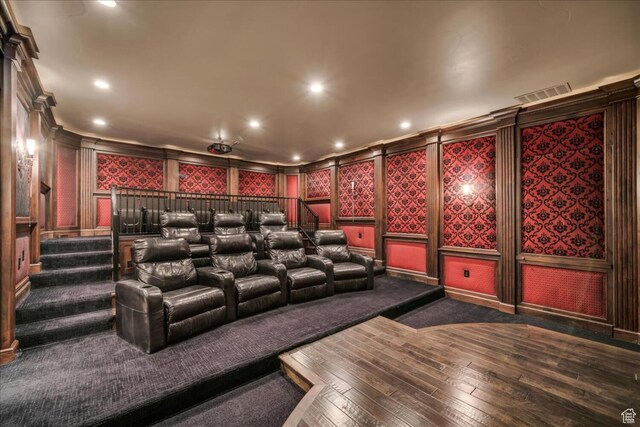 2196 W Long Sky Dr, St George, UT 84770 - home theater room with a decorative wall, visible vents, recessed lighting, and dark wood finished floors